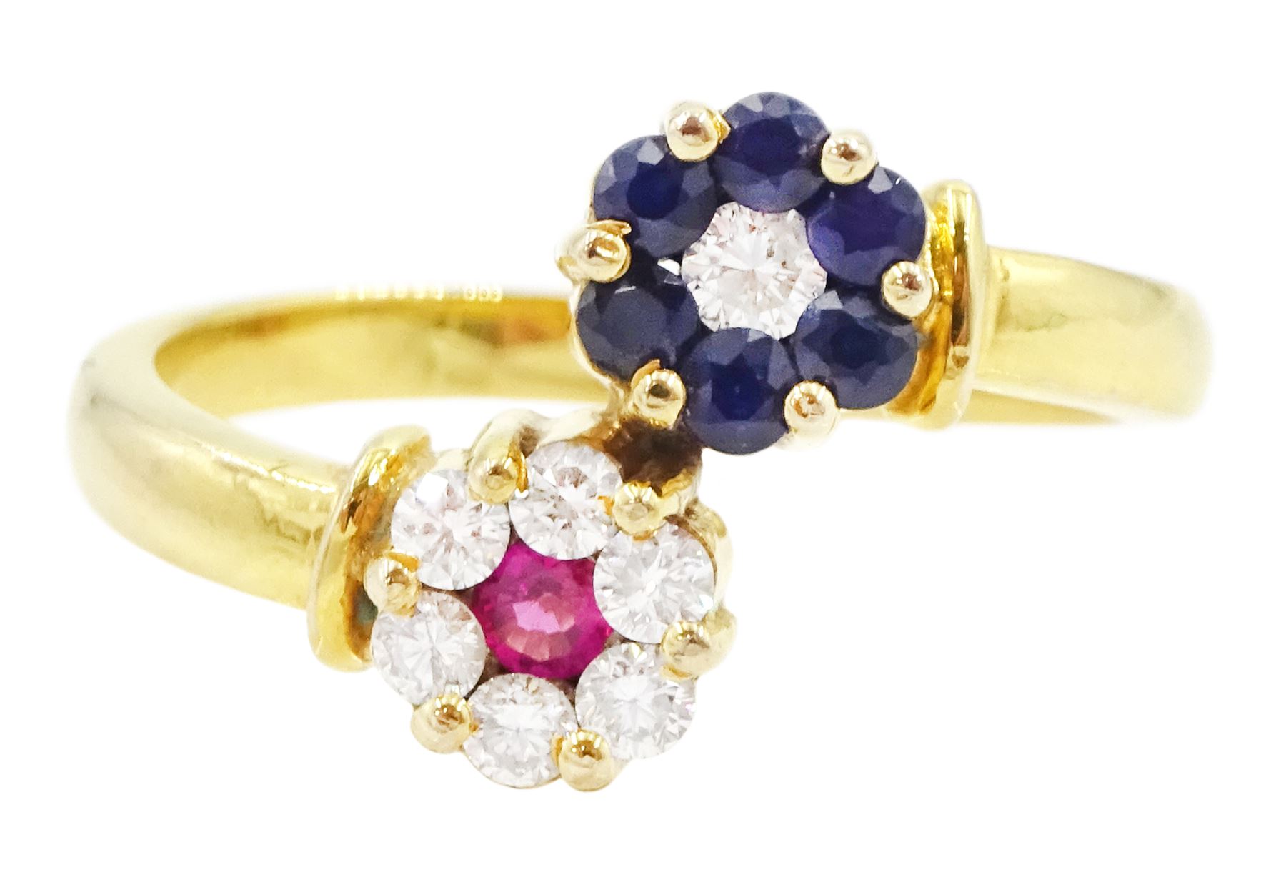 9ct gold round brilliant cut diamond, pink and blue stone set, double flower head cluster ring, stamped