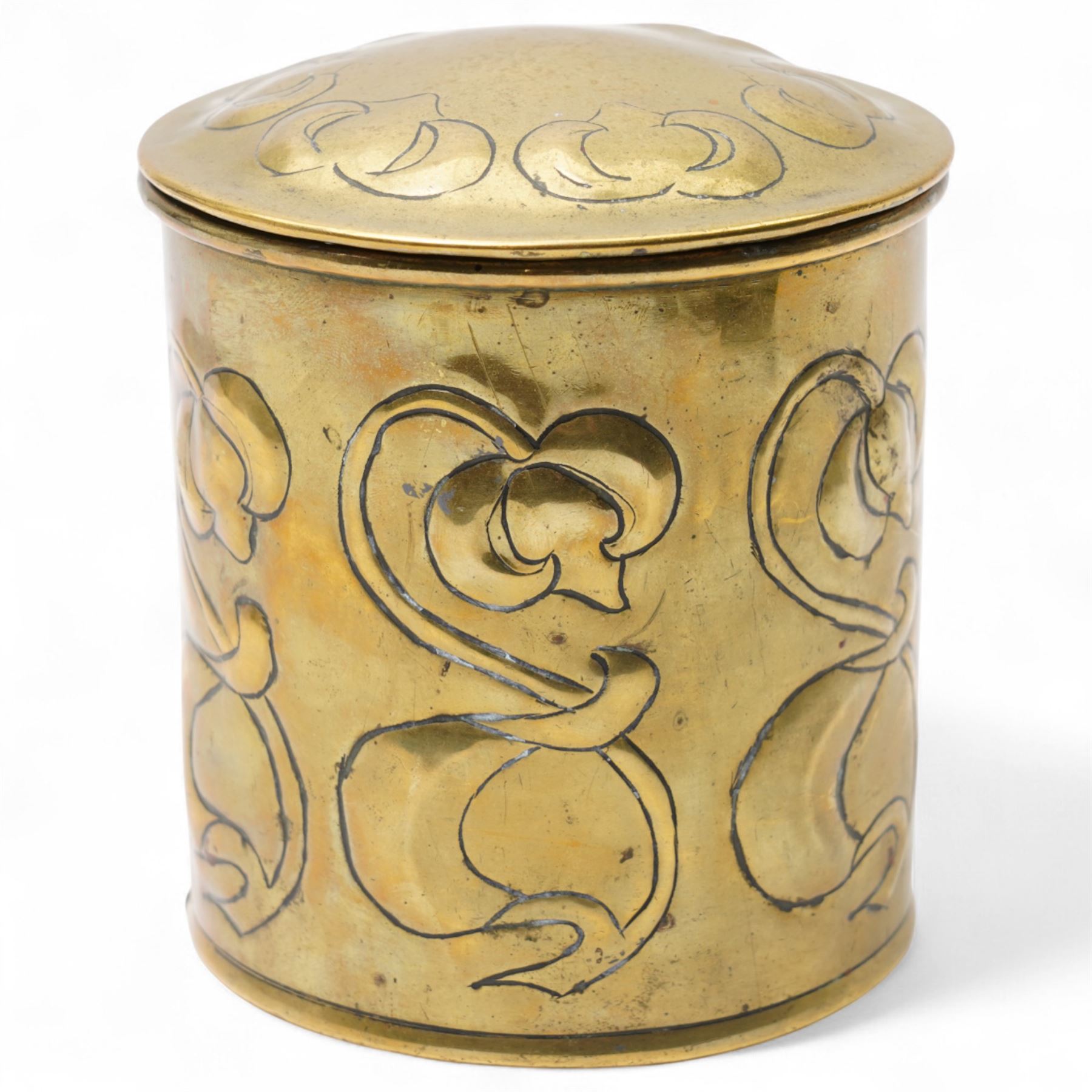 Brass Art Nouveau period biscuit barrel, with repeating floral decoration, H12cm