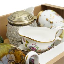 Pair of Sevres style vases with printed Classical scenes; pair of early 20th century floral painted vases, crystal biscuit barrel, sauceboats etc