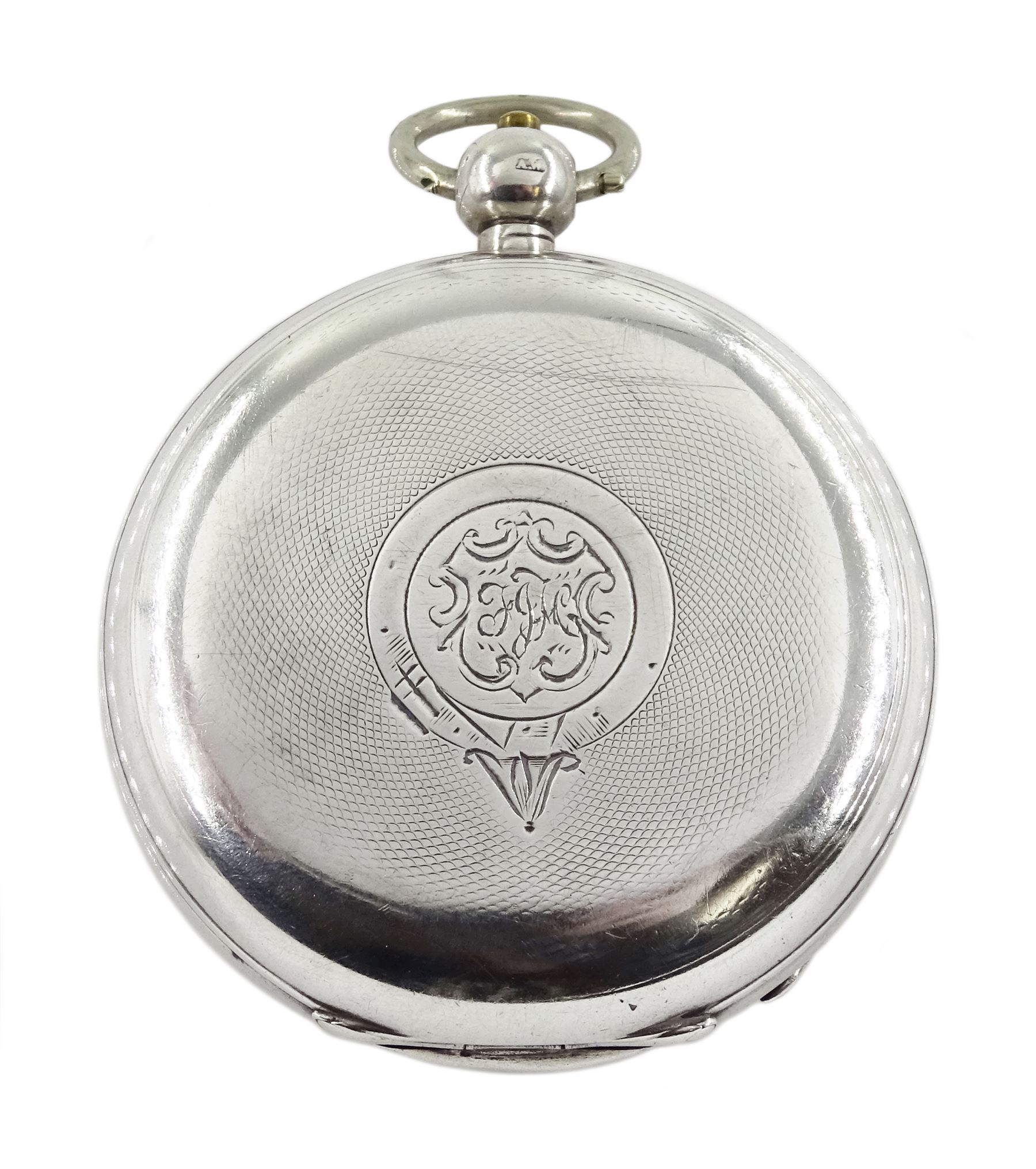 19th century silver open face key wound pocket watch by Waltham Mass, No. 845724, retailed by J.G. Graves, white enamel dial with Roman numerals and subsidiary seconds dial, engine turned case with engraved initials in cartouche, Birmingham 1899