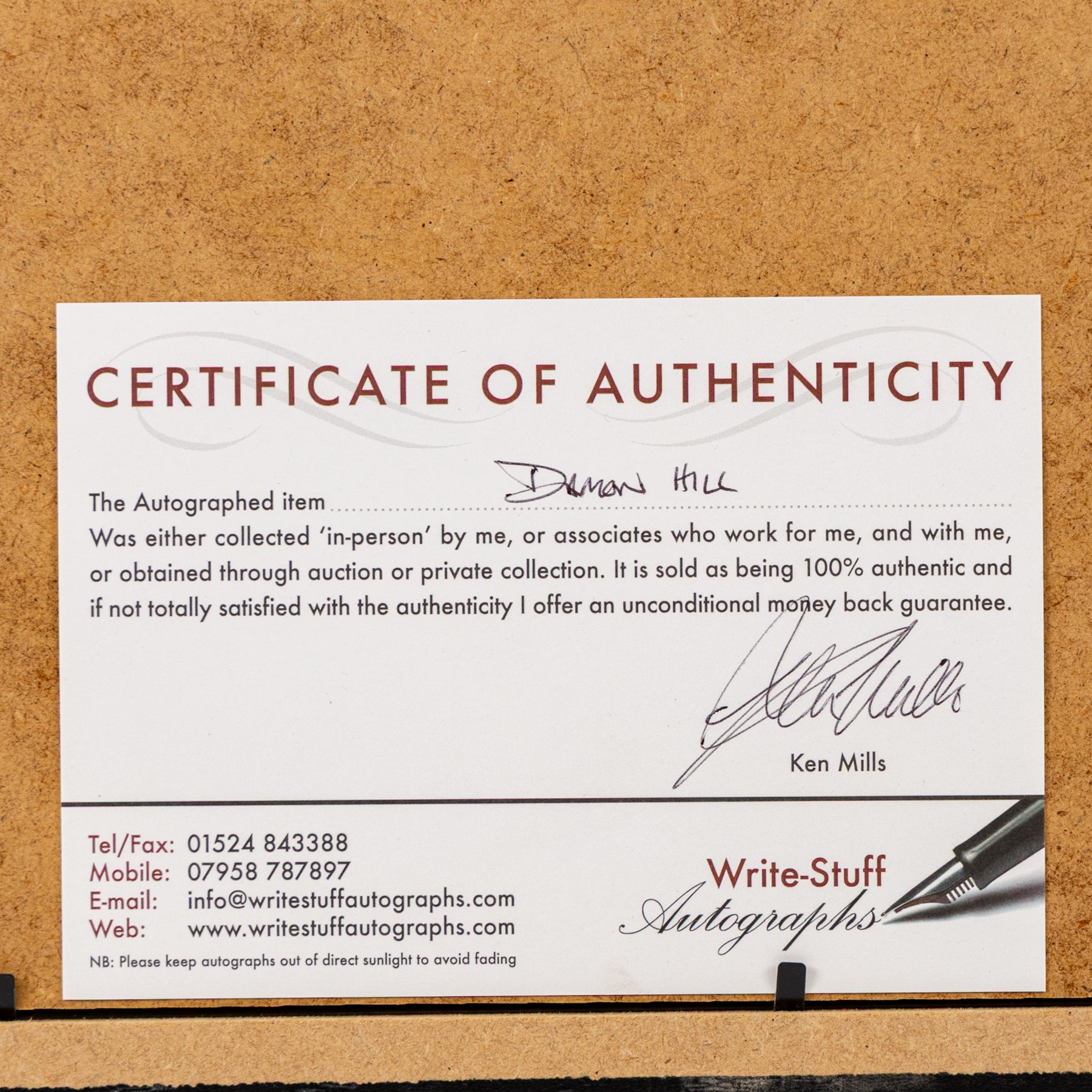 Ten signed Formula 1 photographs, comprising eight Damon Hill examples, Jenson Button and a Nigel Mansell example, nine with certificates of authenticity from Write Stuff Autographs, all framed, largest H47cm, W67cm