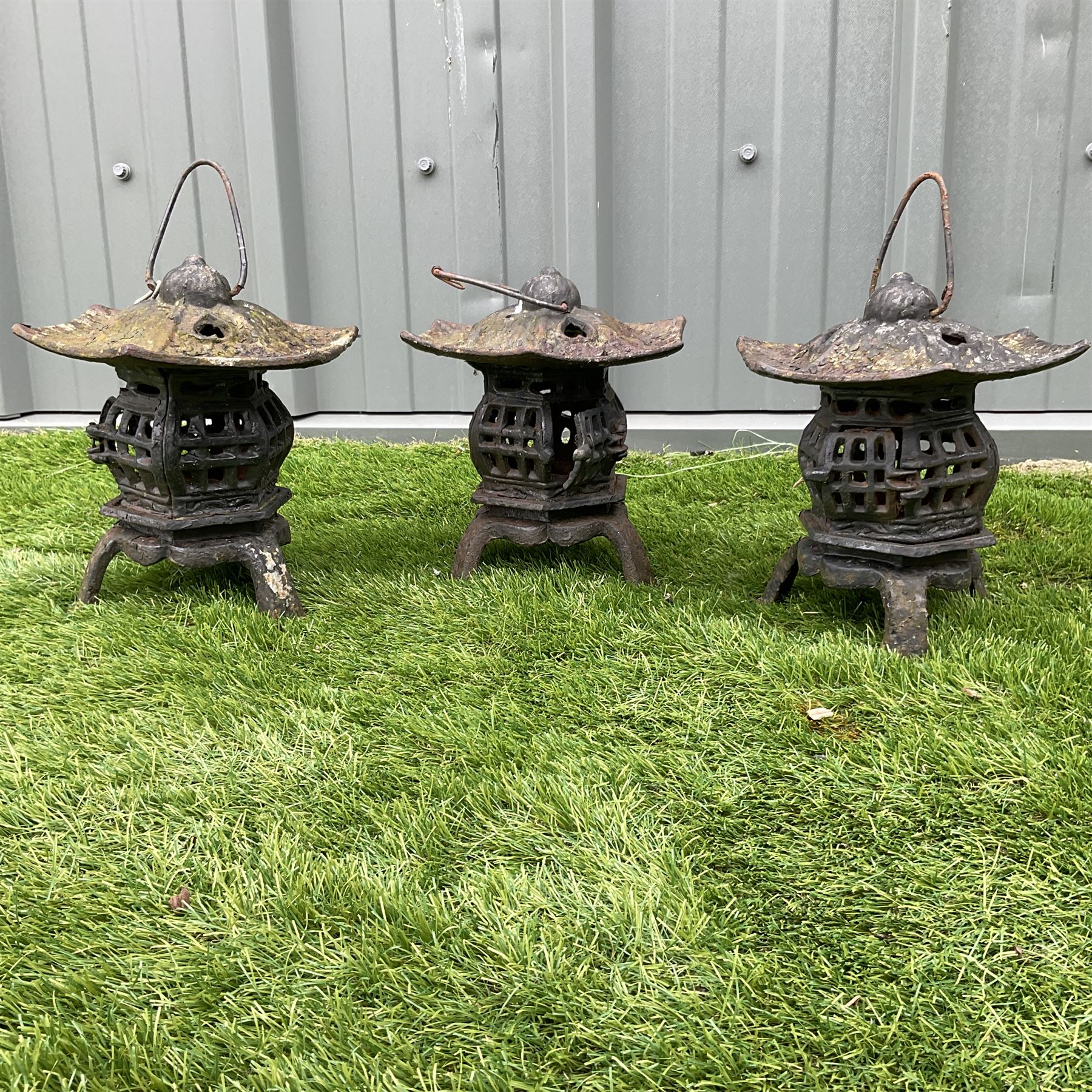 Three cast iron garden lanterns - THIS LOT IS TO BE COLLECTED BY APPOINTMENT FROM DUGGLEBY STORAGE, GREAT HILL, EASTFIELD, SCARBOROUGH, YO11 3TX