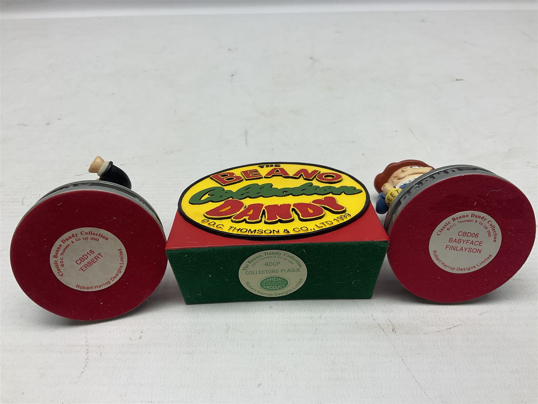 Ten Robert Harrop figures from the Beano Dandy collection, comprising Desperate Dan Keep on Rolling BDS10, Hank From The Three Bears BD37, Desperate Dan CBD15, Little Plum CBD23, 'Erbert CBD16, Fatty CBD08, Babyface Finlayson CBD06, Roger the Dodger CBD04, Beryl the Peril CBD17 and Collectors Plaque BDCP, all with boxes