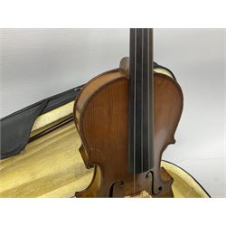 Late 19th/early 20th century Saxony violin with 36cm two-piece maple back and ribs and spruce top, L59cm, in carrying case with bow