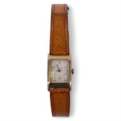 9ct gold gentleman's rectangular manual wind wristwatch, on leather strap, hallmarked Birm...