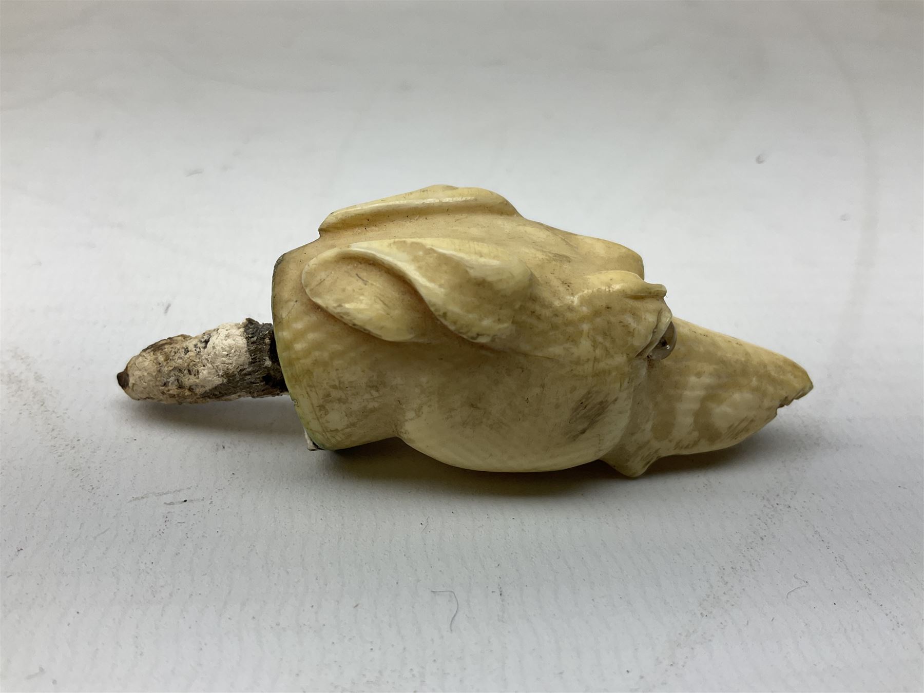 19th century carved ivory walking cane handle, modelled as the head of a greyhound with inset glass eyes, together with a further 19th century ivory example, modelled as a caricature of a gentleman's head, (2)