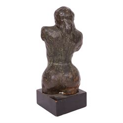 Bronzed sculpture modelled as a female torso, upon a square plinth, H39cm 