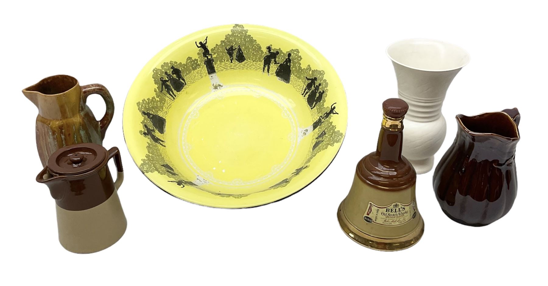 Grimwades Byzanta ware bowl in the Watteau pattern, D41.5cm, together with Sylvac vase, Bell's Whisky decanter, Denby stoneware teapot etc