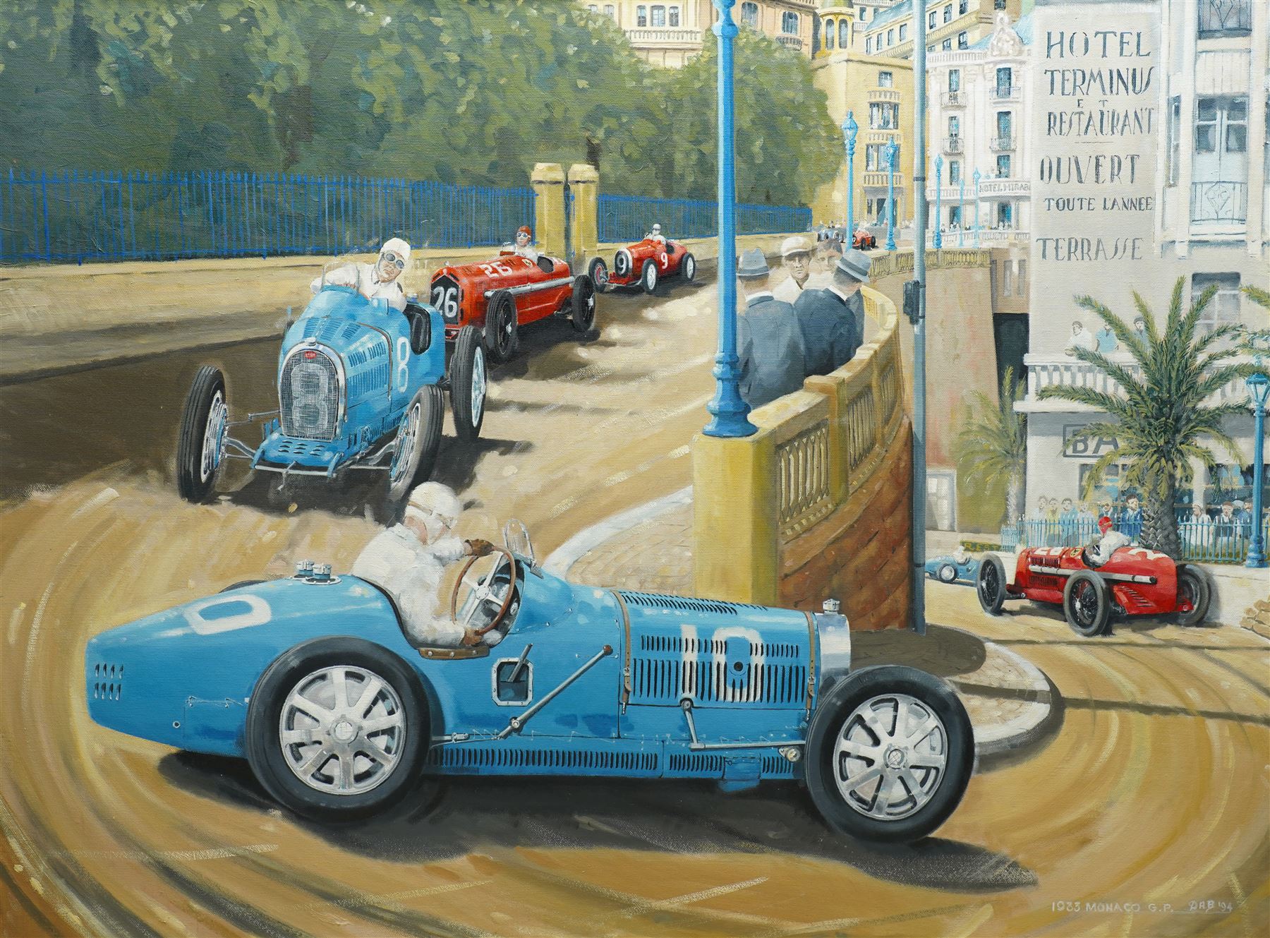 Derek Anthony Brooks (British 20th century): Monaco Grand Prix 1933 Featuring Alfa Romeos and Boat-Tail Bugatti's, oil on canvas signed and dated '94, inscribed verso 75cm x 100cm
Notes: verso reads 'A Famous Race - Varzi (Bugatti) and Nuvolari (Alfa Romeo) raced together for 99 of the 100 laps, swapping the lead continuously until Nuvolari's car blew up (piston) on the last lap. All other cars were lapped except the Alfa of Borzacchini who finished 12 secs behind Varzi.' 