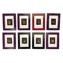 Set of eight Japanese erotic enamel plaques, framed, in frame H22cm, W17cm