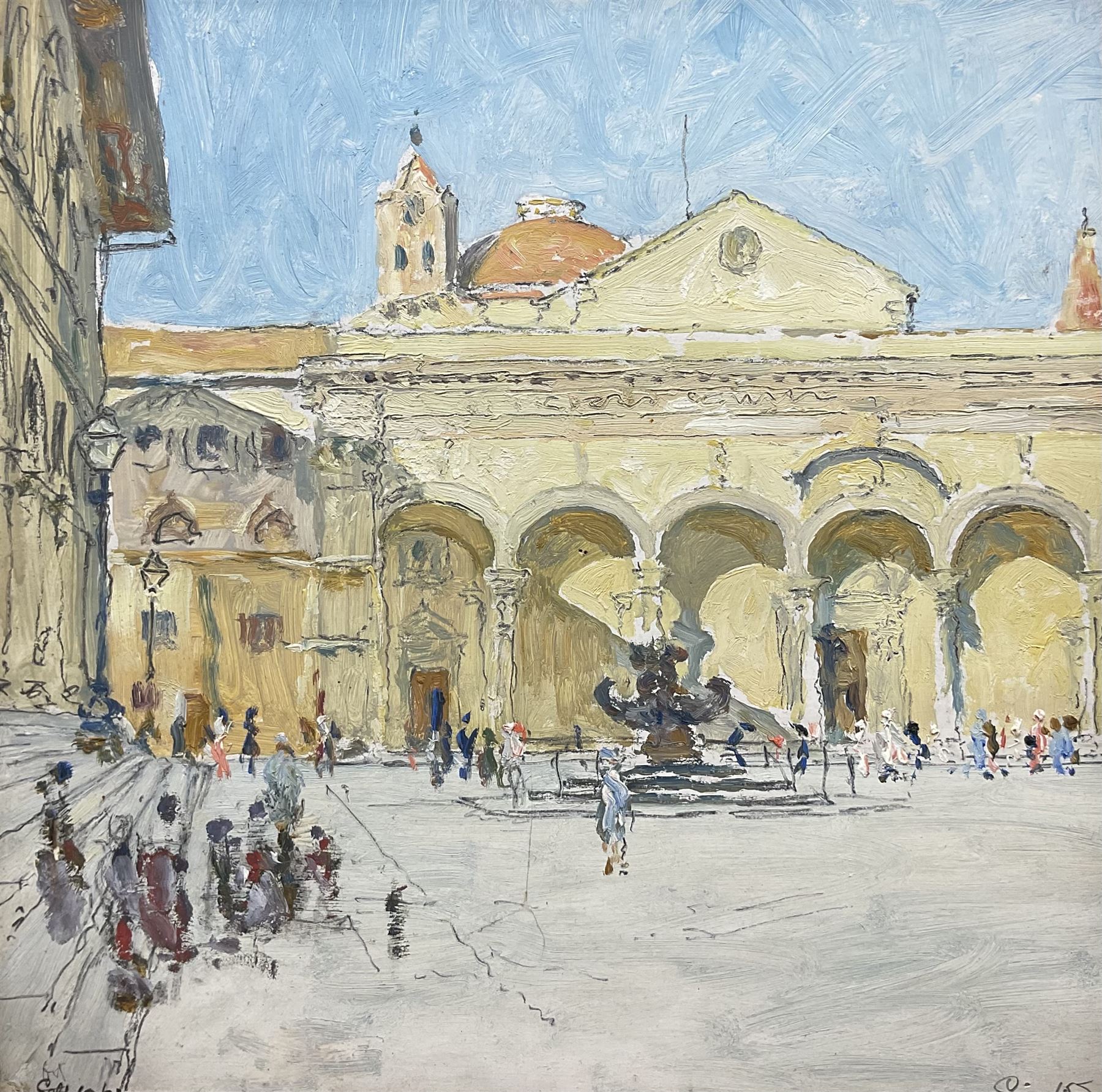Edgar Wood (British 1860-1935): 'Piazza della Santissima Annunziata - Florence', oil on card signed and dated 1921, inscribed verso 33cm x 32cm