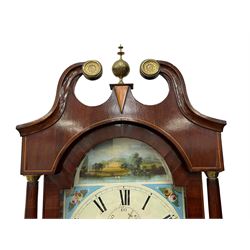 Musson of Louth - mid-19th century oak and mahogany 8-day longcase clock, with a swan’s neck pediment and ball and spire brass finial, break arch hood door flanked by reeded pilasters with brass capitals, canted angled trunk, flat topped door with concave corners, rectangular plinth on bracket feet, fully painted break arch dial with Roman numerals and minute track, subsidiary seconds dial and calendar aperture, matching stamped brass hands, eight day rack striking movement with anchor escapement. With weights and pendulum.
H206 W44 D23
Balthazar Musson from Baden (Germany) is recorded as working in Louth from 1835, naturalised 1861-8. Succeeded by his son, George Balthazar 1872-1920. 

