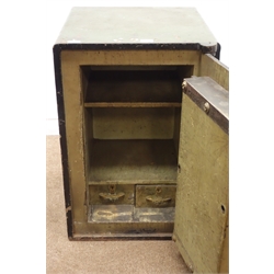  Victorian cast iron safe, single door enclosing two small drawers, painted green finish, working key, W51cm, H77cm, D54cm  