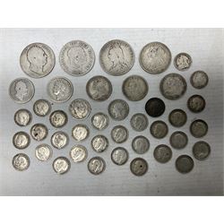 Approximately 120 grams of Great British pre 1920 silver coins, including George III 1819 half crown, William IIII 1834 shilling, Queen Victoria 1892 half crown, various silver threepence pieces etc