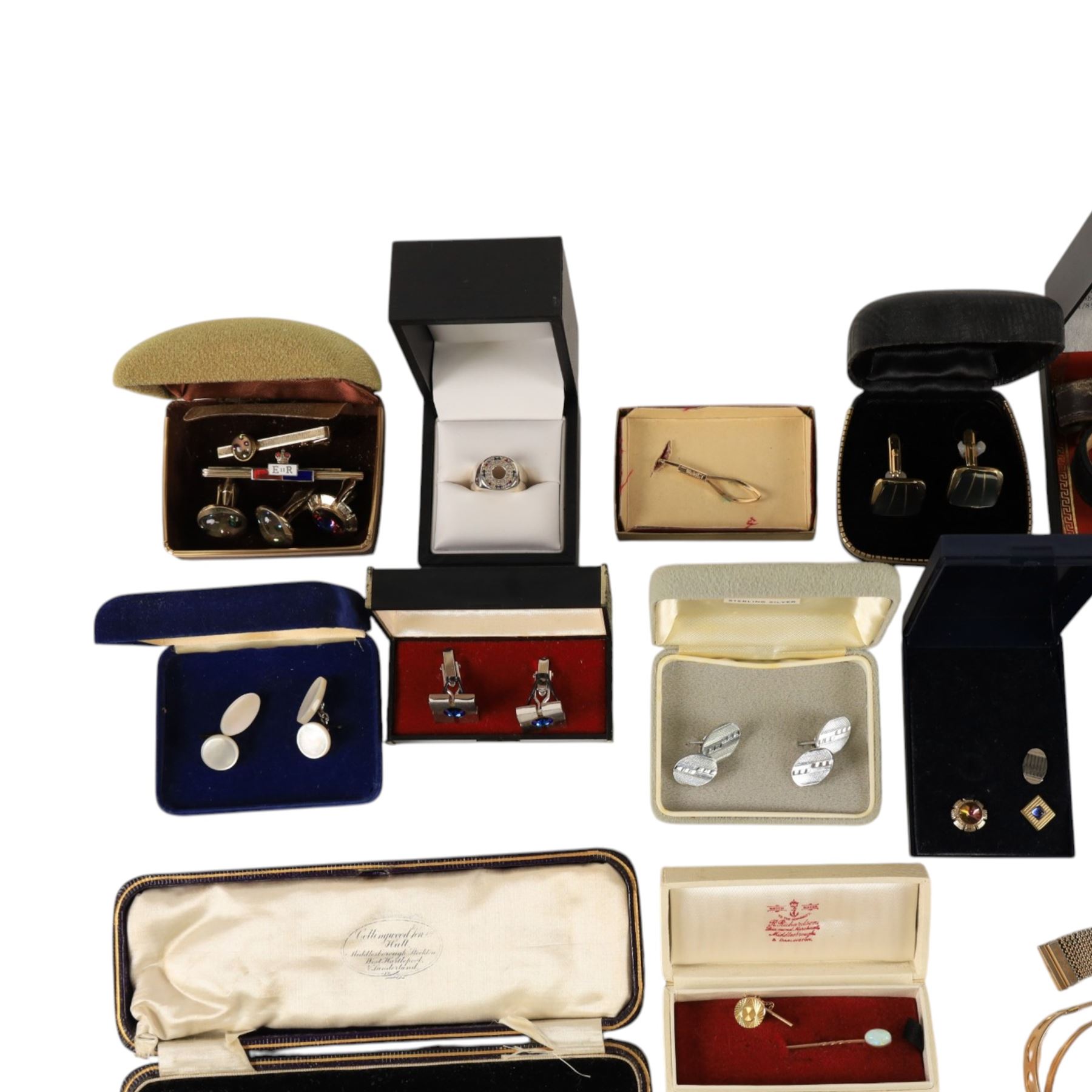 9ct gold shirt stud and opal stick pin, Sif Jakobs silver ring, silver spoon and a collection of costume jewellery cufflinks, tie clips etc