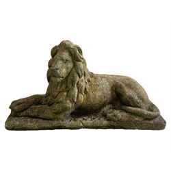 Pair of good quality grand weathered cast stone recumbent lions on rectangular plinth bases 