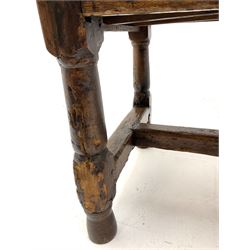 18th century and later oak refectory dining table end drawer, baluster supports joined by stretcher
