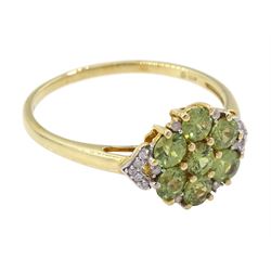 9ct gold demantoid garnet and round brilliant cut diamond cluster ring, hallmarked