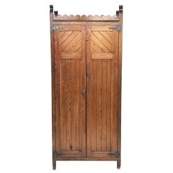 Late Victorian Aesthetic movement pitch pine and oak hall wardrobe, two paneled doors enclosing hooks, W90cm, H211cm, D43cm