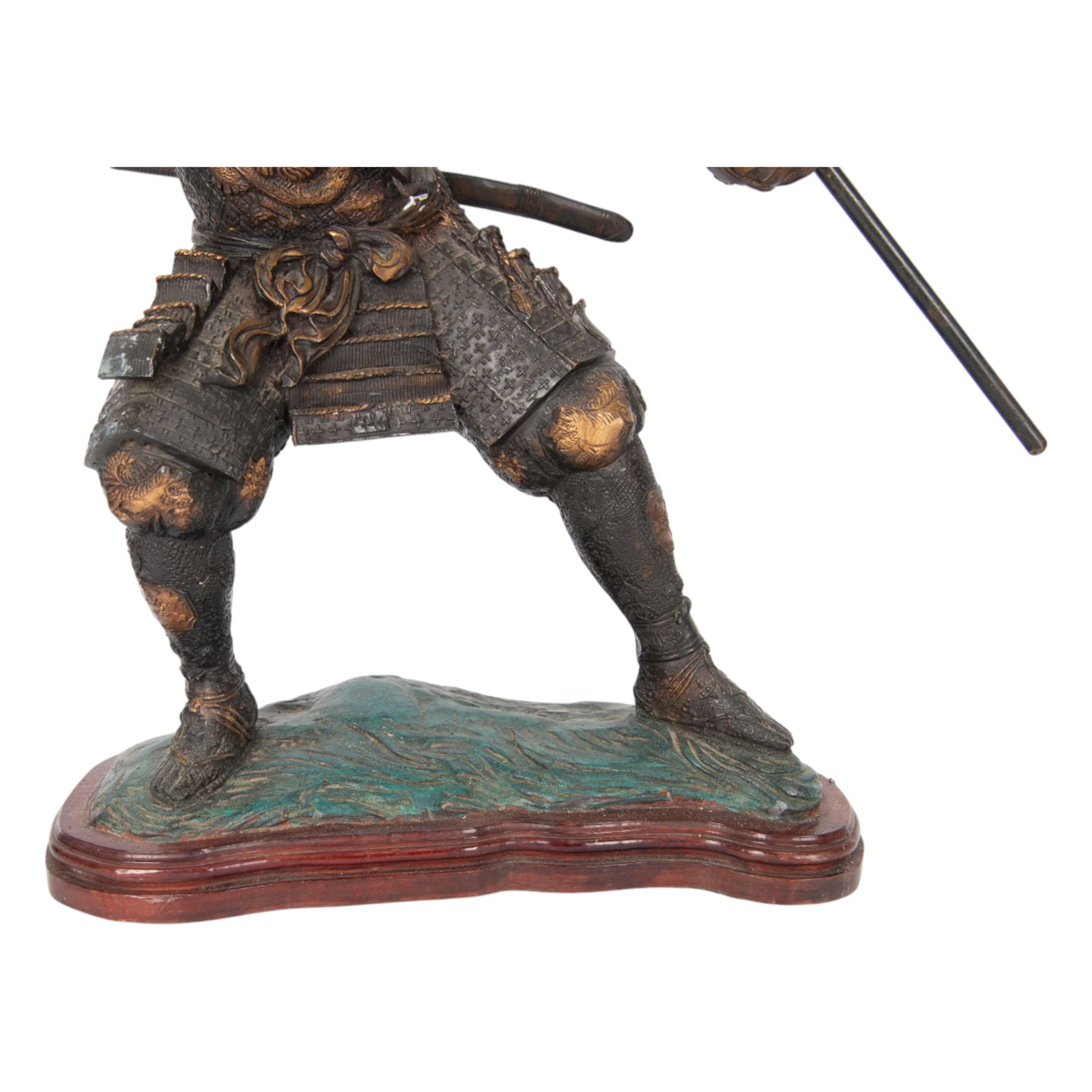Japanese bronze of a Samurai, possibly Meiji period, standing holding a three pronged spear, on a wave form base, H67cm