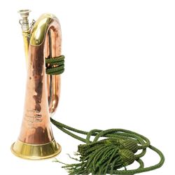 Copper and brass bugle, by Hawkes & Son London, marked to lower body and dated 1917, with green bugle cord
