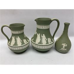 Collection of  Wedgwood green Jasperware, to include large jug, vases, trinket dishes, etc together with two teal Jasperware vases 