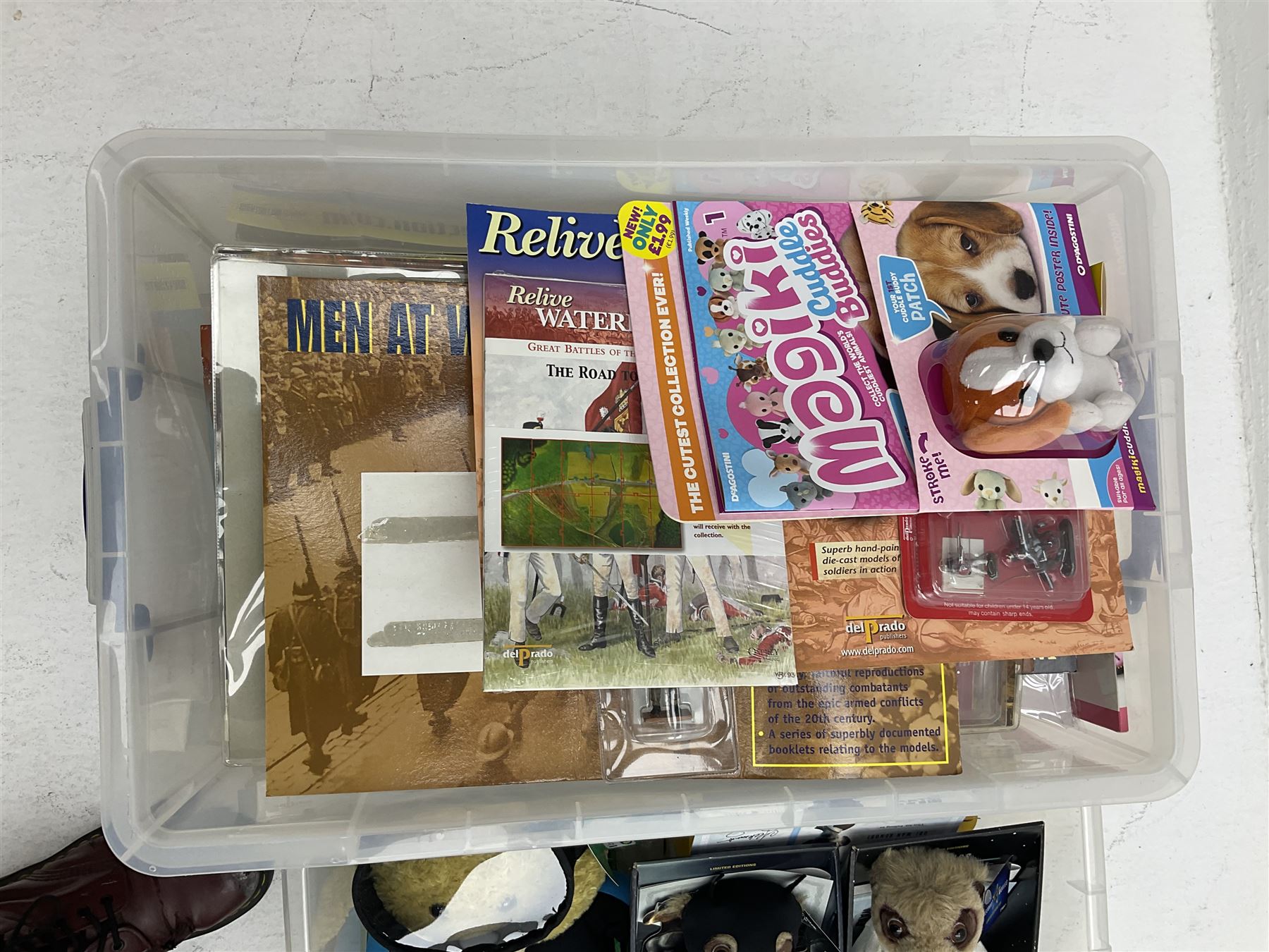 Two Compare the Meerkat meerkat dolls comprising Batman and Star Wars, Ted 2 stuffed doll, quantity of boxed bobble heads, and quantity of magazines with models to include Men At War, Fire Engines of the World etc in three boxes