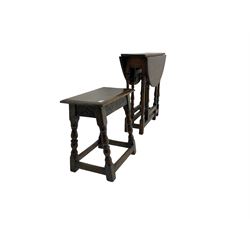 17th century design oak coffin or joint stool, rectangular top over lunette carved frieze rail, raised on turned supports (W46cm D26cn H45cm); and 19th century small oak drop-leaf gateleg table, circular top raised on turned supports (W80cm H67cm)