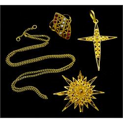 Middle Eastern gold jewellery including star brooch, cross pendant and stone set ring and an 18ct gold necklace chain 