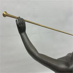 After Eugen Schlipf, Fanfair, bronzed female figure playing two horns, upon a circular marble plinth, H57cm