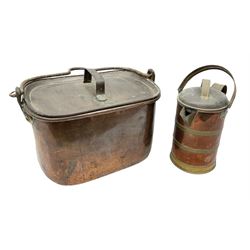 Arts & Crafts copper hot water jug of cylindrical form with brass banding, swing handle and lift off lid, by W Soutter & Sons, Birmingham, stamped beneath, together with a lidded copper cooking pot with cast iron swing carry handle, W35cm H25cm D22cm