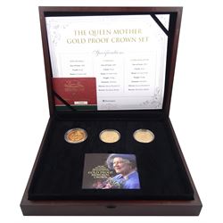 Queen Elizabeth II 'Queen Mother Gold Proof Crown Set', comprising three 22ct gold five pound coins dated 1990, 2000 and 2002