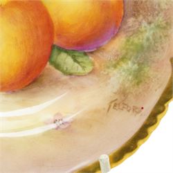Royal Worcester porcelain cabinet plate by Alan Telford painted with apples and blackberries on a mossy bank within a gadrooned gilt border, signed Telford D15cm