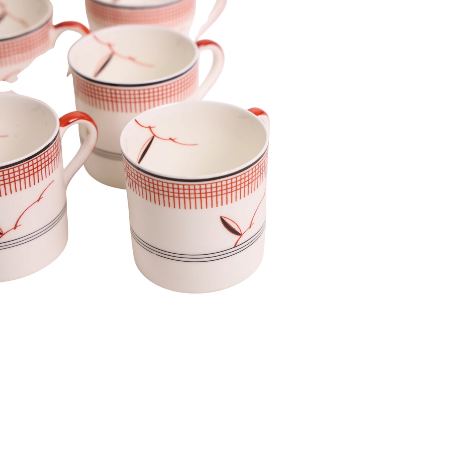 Royal Doulton Art Deco coffee service for six in Vane pattern, comprising coffee pot, milk jug, open saucier, coffee cans and saucers  