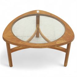 Mid-20th century teak and glass coffee table, of triangular form with rounded corners, inset circular glass top over curved stretcher base