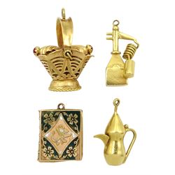 Three 18ct gold pendant/charms including pearl basket, hookah and Middle Eastern jug and a 12ct gold book