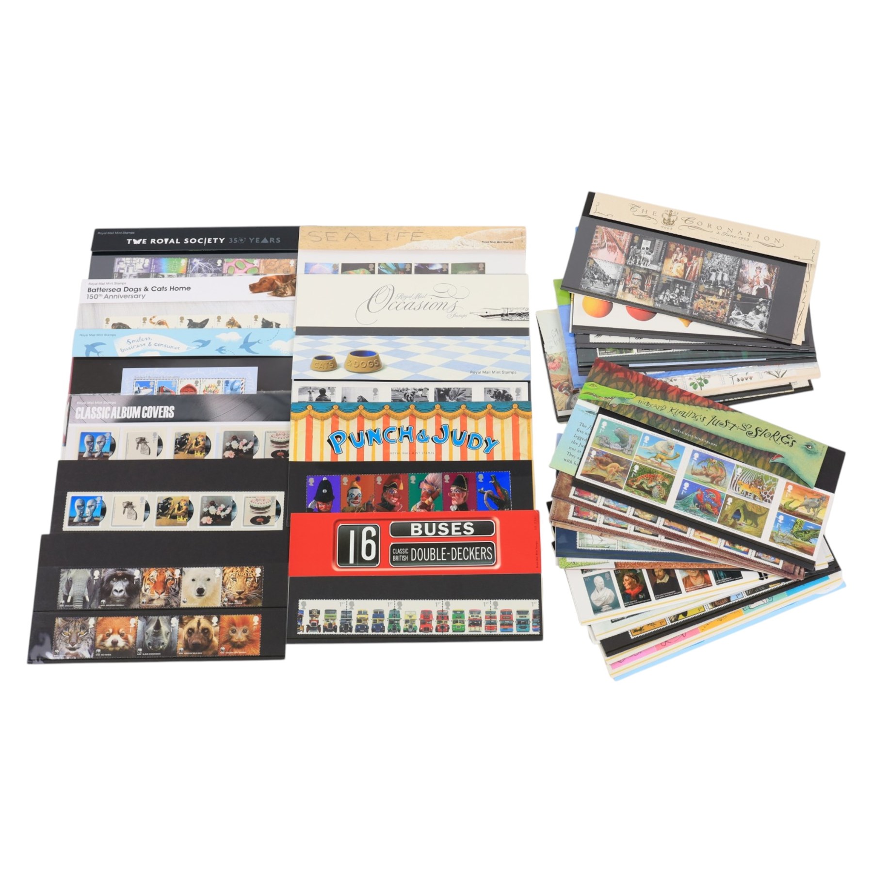 Queen Elizabeth II mint decimal stamps, all first class, mostly in presentation packs, face value of usable postage approximately 560 GBP
