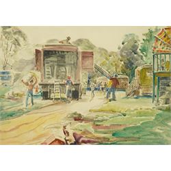 Circle of Dame Laura Knight (Staithes Group 1877-1970): A Gypsy Fairground, watercolour un...