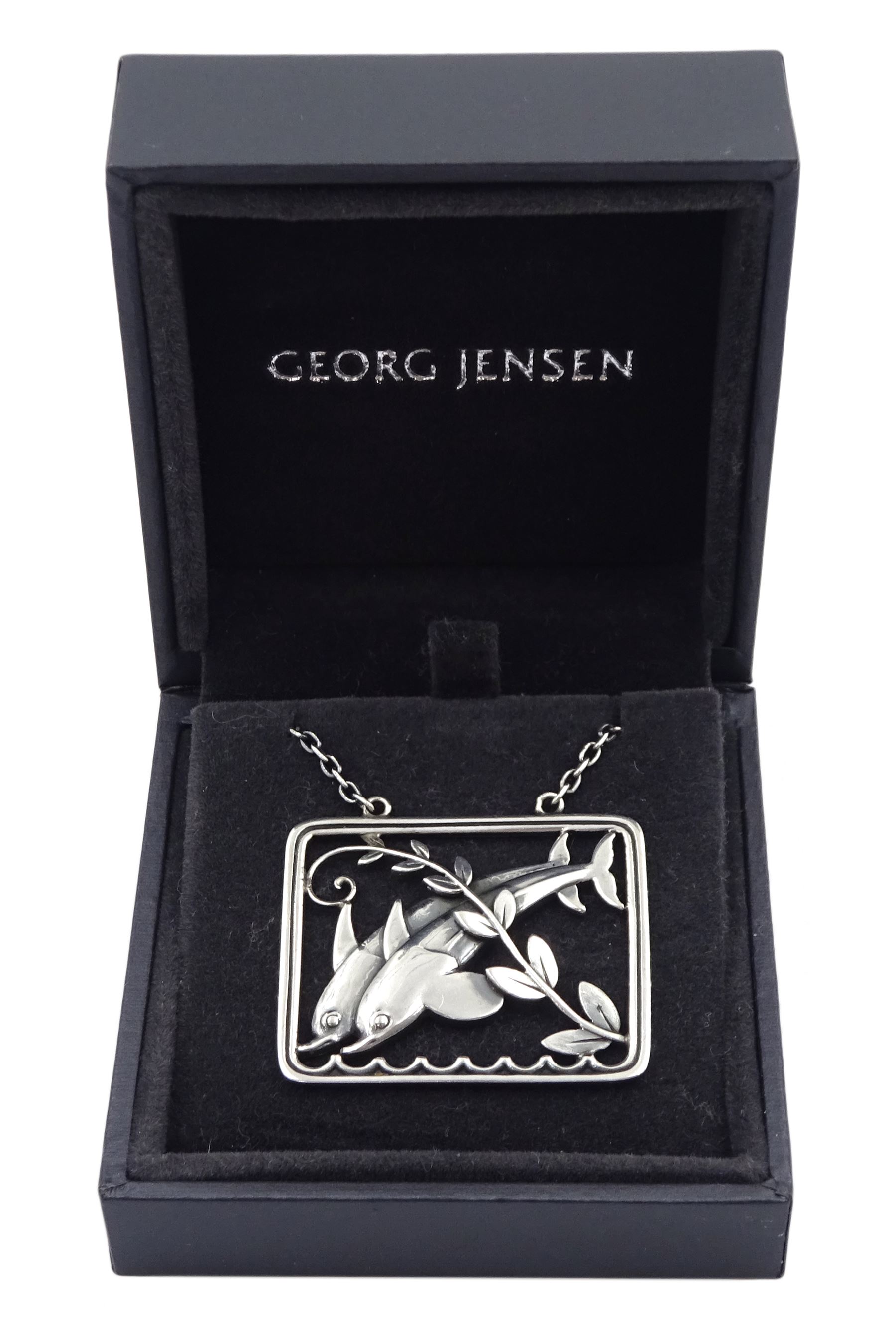 Silver double dolphin pendant necklace designed by Arno Malinowski for Georg Jensen, No. 94