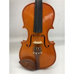 Three Stentor Student violins - three-quarter size with 33cm two-piece back; and two quarter size each with 28cm two-piece back; each in carrying case with bow (3)