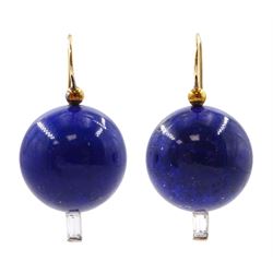Pair of 15ct gold lapis lazuli bead and baguette cut diamond pendant earrings, total diamond weight approx 0.25 carat