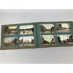 Album containing approximately four hundred Edwardian and later postcards including three Louis Wain, comic cards by Tom Browne, Phil May etc, British and Foreign topographical including real photographic and local, Coronation trams, actresses etc; and large quantity of loose postcards including WW1 Belgium views and caricatures, Royalty portraits etc, 