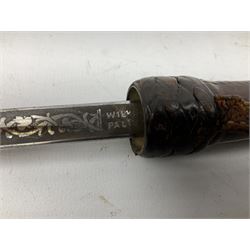 Early 20th century officer's swagger type leather covered sword stick, the 33cm etched single fullered blade marked Wilkinson Pall Mall, with carrying strap L60.5cm