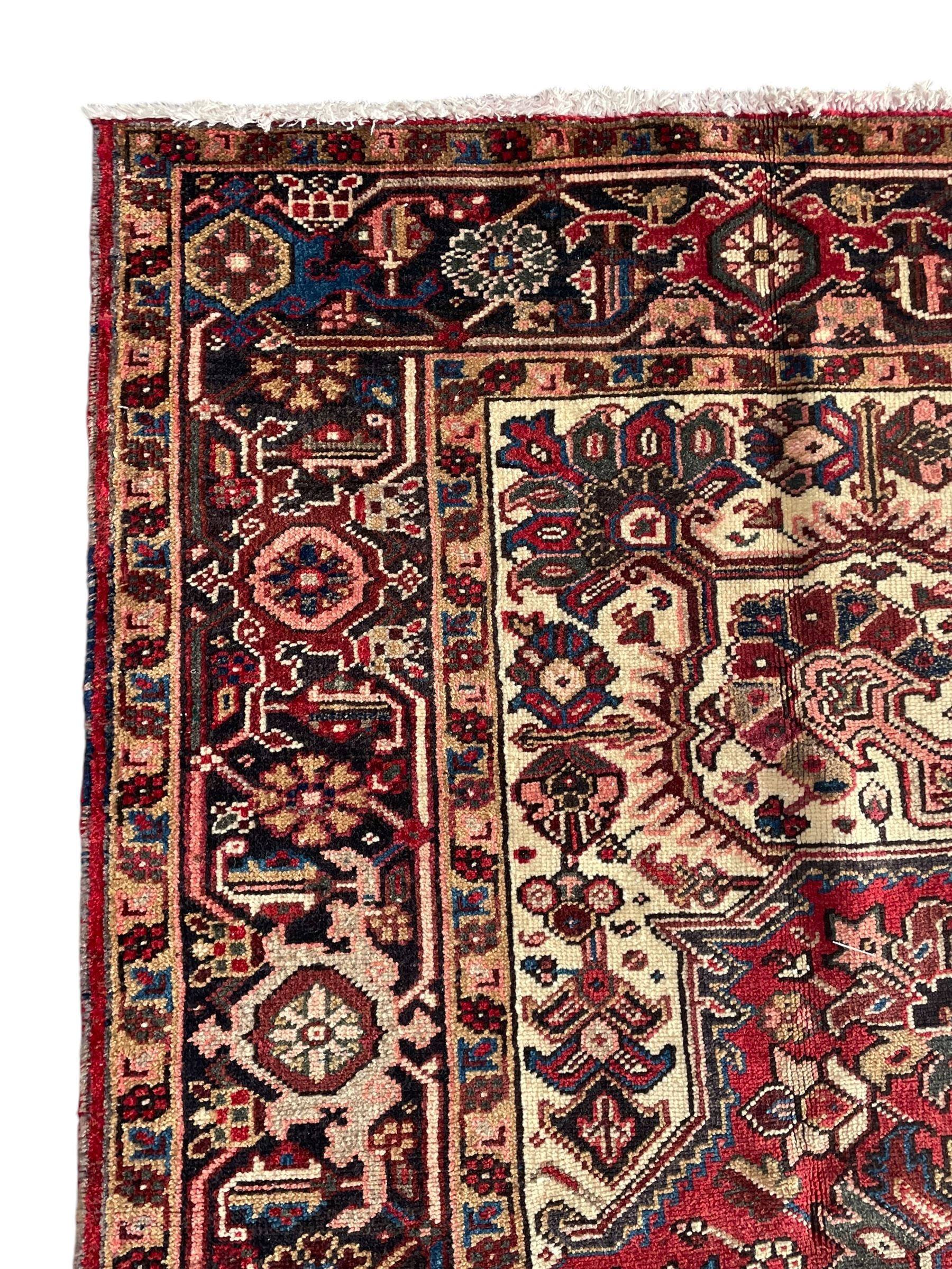 Persian Heriz red ground rug, large medallion decorated with palmettes and Ejder motifs, the border decorated with stylised plant motifs, within floral design guard stripes 