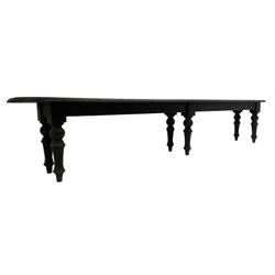 Large 19th century stained oak 9' hall bench, rectangular seat with rounded ends on turned supports