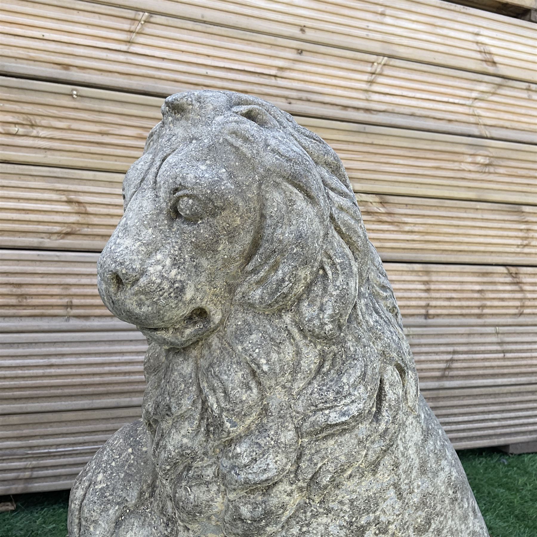 Pair of cast stone seated lions, looking left and right - THIS LOT IS TO BE COLLECTED BY APPOINTMENT FROM DUGGLEBY STORAGE, GREAT HILL, EASTFIELD, SCARBOROUGH, YO11 3TX