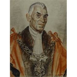  Dame Laura Knight RA (Staithes Group 1877-1970): William Hodgson Malcolm - Lord Mayor of Coventry 1948, half length portrait, charcoal and pastel signed 64cm x 48cm Provenance: this portrait of Malcolm was a preliminary study for a large commission titled 'Princess Elizabeth and the Lord Mayor of Coventry and other civic gentlemen on the occasion of the official opening of The New Broadgate in Coventry 22nd May 1948' which was paid for by the Midlands Newspaper Magnate Lord Iliffe and now hangs in the Herbert Gallery and Museum Coventry, a print of this picture is included with the lot  DDS - Artist's resale rights may apply to this lot     