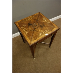  Edwardian rosewood inlaid envelope top card table, with single drawer on square supports joined by a cross stretcher, W55cm, H73cm, D55cm  