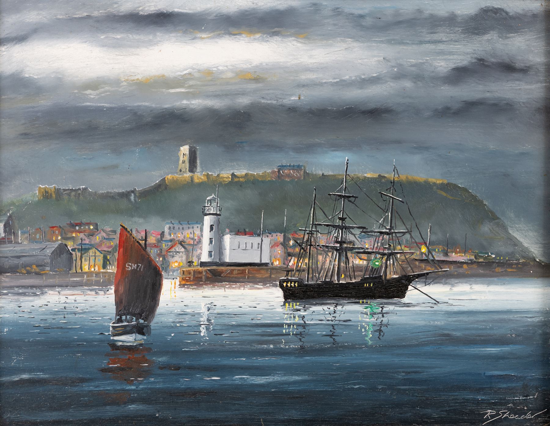 Robert Sheader (British 20th Century): Scarborough South Bay by Moonlight, oil on board signed 26.5cm x 34cm