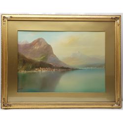 John Shapland (British 1865-1929): Mediterranean Lakeside Town, watercolour signed 49cm x 70cm